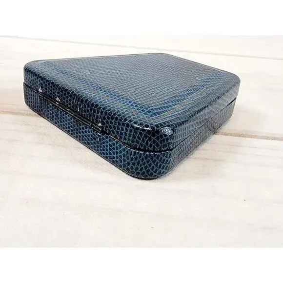 Vintage Jewelry Trinket Presentation Box Blue Metal Faux Snakeskin Velvet - Picture 11 of 14